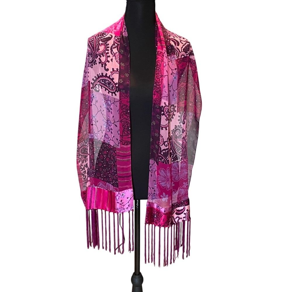 Pink Purple Patchwork Paisley Floral Sheer Scarf Wrap with Long Fringe Boho